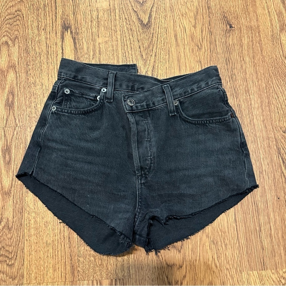 Agolde black washed cross waist Custom cheeky shorts denim jean shorts size 24